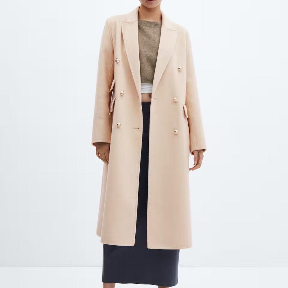 NWT Mango Wool Gold Buttoned Handmade Coat XXS Beige Longline Princess Overcoat